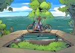  1girl bicycle blue_footwear brown_hair cloud cloudy_sky day from_behind grass lake masuki original outdoors ponytail sitting sky solo tree vehicle_focus water 