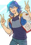  1boy absurdres blue_hair blue_pants blue_shirt blush bruno_(yu-gi-oh!) closed_eyes cowboy_shot double_v highres jacket male_focus open_mouth pants shirt smile solo tongue v white_jacket youko-shima yu-gi-oh! yu-gi-oh!_5d&#039;s 