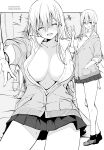  1girl :d ^_^ artist_name ass_visible_through_thighs blush bow bowtie breasts cardigan cleavage closed_eyes commentary_request dated full_body grey_background greyscale hair_between_eyes highres kichihachi large_breasts laughing loafers long_hair looking_at_viewer lying mole mole_on_thigh monochrome multiple_views on_back open_mouth original pleated_skirt school_uniform shirt shoes skirt smile standing sweat thighs two-tone_background w white_background 