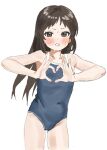  1girl blush brown_eyes brown_hair heart heart_hands highres idolmaster idolmaster_cinderella_girls idolmaster_cinderella_girls_u149 long_hair looking_at_viewer navel ribenyu4 school_swimsuit simple_background sweat sweatdrop swimsuit tachibana_arisu 