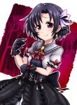  alternate_eye_color arm_ribbon ascot black_bow black_gloves black_hair black_ribbon blush bow bracelet brooch commentary_request cowboy_shot dress earrings flower_brooch gloves grey_ribbon hair_bow hair_ornament hairband idolmaster idolmaster_cinderella_girls jewelry looking_at_viewer nazo_no_diaboro neck_ribbon pearl_bracelet puffy_short_sleeves puffy_sleeves purple_eyes red_ribbon ribbon shiragiku_hotaru short_hair short_sleeves smile solo tree wrist_ribbon 