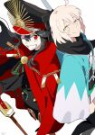  2girls ;d ahoge back-to-back black_coat black_hair black_hat black_scarf black_thighhighs blonde_hair cape closed_mouth coat commentary_request fate_(series) grin haori hat highres japanese_clothes koha-ace long_hair looking_at_viewer multiple_girls oda_nobunaga_(fate) oda_nobunaga_(koha-ace) oda_uri okita_souji_(fate) okita_souji_(koha-ace) one_eye_closed peaked_cap pirohi_(pirohi214) red_cape red_eyes scarf short_hair simple_background smile sword thighhighs weapon white_background yellow_eyes 