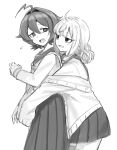  2girls ahoge aoki_shizumi araga_kiwi bags_under_eyes cardigan cardigan_pull fang flying_sweatdrops from_side greyscale hair_bun highres hiiragi_utena hug hug_from_behind long_sleeves looking_at_another looking_to_the_side mahou_shoujo_ni_akogarete mole mole_under_eye monochrome multiple_girls off_shoulder open_cardigan open_clothes open_mouth pleated_skirt school_uniform serafuku short_hair skirt sleeves_past_fingers sleeves_past_wrists yuri 