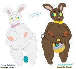  2018 anthro areola basket belly big_areola big_belly big_breasts blue_eyes blush breasts candy chocolate cosmicscourge cute duo easter easter_egg egg egg_insertion english_text female food fupa fur holidays inflation lactating lagomorph mammal nude obese overweight overweight_female oviposition palmer plump_labia pussy rabbit short_stack simple_background slightly_chubby standing text thick_thighs voluptuous wide_hips yellow_sclera 