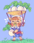 2020 4:5 animal_crossing anthro asian_clothing bangs barefoot basket basket_on_head blue_background blue_clothing blue_kimono bodily_fluids brown_hair brown_hooves clothing colored container daisy_mae_(animal_crossing) east_asian_clothing feet female floppy_ears food fur graskip grass greeting hair hi_res holding_food holding_object hood hooves japanese_clothing kimono mammal nintendo orange_body orange_fur pig_nose plant raised_arm red_cheeks runny_nose shaded short_tail simple_background solo suid suina sus_(pig) sweat sweatdrop tail turnip vegetable white_clothing white_hood wild_boar yellow_inner_ear yellow_nose