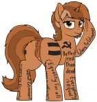  2018 alpha_channel anatomically_correct anatomically_correct_pussy animal_genitalia animal_pussy anus body_writing brown_hair butt digital_media_(artwork) dock english_text equine equine_pussy fan_character female feral freckles hair hammer_and_sickle hi_res hooves horn looking_at_viewer mammal my_little_pony pussy sign_(character) simple_background solo text transparent_background unicorn zippysqrl 