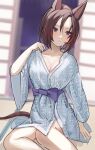  1girl air_groove_(umamusume) alternate_costume animal_ears bath_yukata blush breasts brown_hair cleavage commission hair_between_eyes horse_ears horse_girl horse_tail indoors japanese_clothes kimono looking_to_the_side purple_eyes short_hair skeb_commission solo solokitsune tail tatami umamusume yukata 