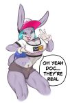 anthro blue_eyes blue_hair bottomwear breasts bugs_bunny clothed clothing cosplay crossdressing english_text fake_breasts femboy grey_body hair hat headgear headwear hi_res lagomorph leporid licking licking_lips looking_at_viewer looney_tunes makeup male male_anthro mammal rabbit solo text text_on_clothing toast-arts tongue topwear warner_brothers