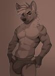 absurd_res anthro azoomer bulge clothed clothing fur hi_res hyena looking_at_viewer male mammal muscular muscular_anthro muscular_male shirtless smile solo underwear underwear_only