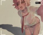  absurdres ashido_mina ass_visible_through_thighs black_panties black_sclera blush boku_no_hero_academia breasts colored_sclera colored_skin ear_piercing hanging_breasts highres huge_breasts leaning_forward looking_at_viewer loose_necktie necktie nipple_bar nipple_piercing nipples one_mellow_himbo open_mouth panties panty_pull piercing pink_hair pink_skin pulled_by_self recording red_necktie see-through see-through_shirt shadow shirt short_hair simple_background standing sweat teeth tongue tongue_out twitter_username underwear viewfinder white_shirt yellow_eyes 