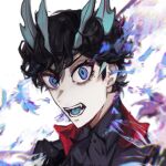  1boy adapted_costume black_hair black_jacket black_shirt blue_eyes blue_fire blue_tongue bone colored_tongue dragon dragon_boy dragon_horns dress_shirt fire horns jacket kamen_rider kamen_rider_saber kamen_rider_saber_(series) kamen_rider_saber_primitive_dragon_brave_dragon kamiyama_touma male_focus meowq open_mouth shirt solo 