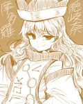  bangs brown_background character_name closed_mouth detached_sleeves efukei eyebrows_visible_through_hair hat long_hair long_sleeves looking_at_viewer matara_okina monochrome revision smile smirk smug solo tabard touhou upper_body wide_sleeves 
