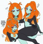  1girl absurdres artist_name blue_skin breasts cleavage colored_sclera colored_skin cremanata english_text eyeshadow fang grid_background highres long_hair makeup medium_breasts midna midna_(true) multiple_views open_mouth orange_hair pointy_ears purple_eyeshadow red_eyes smile sparkle teeth the_legend_of_zelda the_legend_of_zelda:_twilight_princess upper_teeth_only yellow_sclera 