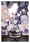  animal_ear_fluff animal_ears asymmetrical_horns birthday birthday_cake black_hair blonde_hair blue_hair cake colored_inner_hair commentary crystal_horns demon_horns dog_ears dog_girl english_commentary food fuwawa_abyssgard fuwawa_abyssgard_(1st_costume) grey_hair hair_ornament hazel_(hzlform) highres holoadvent hololive hololive_english horns jewel_under_eye koseki_bijou koseki_bijou_(1st_costume) long_hair mococo_abyssgard mococo_abyssgard_(1st_costume) mole mole_under_eye multicolored_hair multiple_girls nerissa_ravencroft nerissa_ravencroft_(1st_costume) pink_hair shiori_novella shiori_novella_(1st_costume) siblings sisters smile split-color_hair streaked_hair twins two-tone_hair uneven_horns virtual_youtuber yorick_(shiori_novella) 