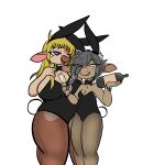  1:1 2024 accessory alcohol anthro beverage big_breasts biped blonde_hair blush bovid bovine bow_tie bracelet breast_size_difference breasts broken_horn brown_body brown_fur bunny_costume cattle chest_tuft claws clothed clothing container costume cup digital_media_(artwork) drinking_glass duo english_text fake_ears fake_rabbit_ears female fur glass glass_container glass_cup grey_hair grey_horn hair hi_res holding_object horn jewelry legwear leotard looking_at_viewer mammal manitka manitka_(character) open_mouth orange_eyes pantyhose playboy_bunny playboy_outfit purple_eyes simple_background small_breasts smile standing stockings tan_body tan_fur teeth text thick_thighs tongue tuft white_background wide_hips wine wine_glass 