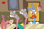  anatid anseriform anthro avian babs_bunny bird blue_body blue_fur buster_bunny clothing duck female fur group hoodie jk lagomorph leporid long_ears male mammal plucky_duck rabbit surprised_look tiny_toon_adventures topwear trio walk-in warner_brothers 