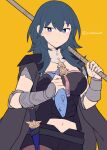  1girl armor black_armor black_shorts blue_eyes blue_hair brown_pantyhose byleth_(female)_(fire_emblem) byleth_(fire_emblem) closed_mouth clothing_cutout commentary_request do_m_kaeru expressionless fire_emblem fire_emblem:_three_houses fish fishing_rod hair_between_eyes holding holding_fishing_rod long_hair navel navel_cutout pantyhose sheath sheathed shorts simple_background solo twitter_username weapon yellow_background 