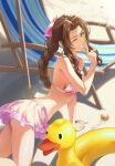  1girl absurdres aerith_gainsborough aerith_gainsborough_(pink_mermaid) beach beach_chair bikini bikini_skirt bow braid braided_ponytail breasts cleavage crab diechong final_fantasy final_fantasy_vii final_fantasy_vii_rebirth final_fantasy_vii_remake finger_to_mouth flower green_eyes hair_bow hair_flower hair_ornament highres innertube official_alternate_costume pink_bikini pink_bow shade sideboob smile solo swim_ring swimsuit thighs 