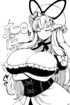  1girl absurdres areola_slip arms_under_breasts blush breasts cleavage closed_eyes closed_mouth commentary_request greyscale hat hat_ribbon heart highres himajin_noizu huge_breasts long_hair low-tied_long_hair mob_cap monochrome ribbon short_sleeves sidelocks solo spoken_heart sweat touhou upper_body variant_set yakumo_yukari 