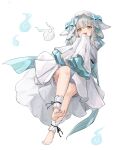  1girl absurdres bare_legs barefoot bloomers blue_bow blue_bowtie blush bow bowtie copyright_request dress feet frilled_dress frilled_sleeves frilled_underwear frills highres hood long_sleeves looking_at_viewer shiro_wa_(shiroshironix) simple_background solo underwear white_background white_bloomers white_dress white_hair white_hood yellow_eyes 