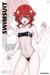  1girl anies_kouhai blush breasts bright_pupils commentary_request cowboy_shot english_text fang gris_swimsuit highres looking_down meme_attire navel open_mouth orange_eyes original red_hair see-through small_breasts solo strapless strapless_one-piece_swimsuit sweat swimsuit white_pupils zoom_layer 