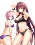  arm_garter armpits ass bikini black_bikini breasts closed_mouth cowboy_shot eyebrows_visible_through_hair fate/grand_order fate_(series) hair_intakes hair_over_one_eye harimoji large_breasts long_hair looking_at_viewer mash_kyrielight multiple_girls navel purple_bikini purple_eyes purple_hair red_eyes scathach_(fate)_(all) scathach_(fate/grand_order) short_hair simple_background smile swimsuit white_background 