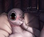  2018 anthro big_eyes blush crusch_lulu english_text female lizard looking_at_viewer lying on_back overlord_(series) photonoko pillow reptile scalie solo tattoo text 