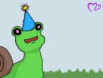  4:3 amphibian clothing cloud cloudy_sky feral frog gastropod gastropod_shell grass grass_field hat headgear headwear male mollusk mollusk_shell nervous_smile outside party_hat plant shell sky snail solo 