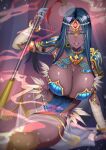  1girl armlet armor bandaged_arm bandages blue_armor blue_eyes breasts cleavage dark-skinned_female dark_skin fate/grand_order fate_(series) forehead_jewel grin highres inamics jewelry large_breasts long_hair looking_at_viewer pauldrons ring scheherazade_(fate) shoulder_armor smile solo staff thighs 