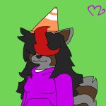  1:1 anthro black_hair clothed clothing covered_eyes female hair hi_res highlights_(coloring) hoodie long_hair mammal procyonid raccoon shirt solo topwear traffic_cone white_clothing white_shirt white_topwear 