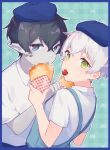  2boys alternate_costume apron arknights aruke0 beret black_hair blue_apron blue_eyes blue_hat border collared_shirt colored_skin commentary_request crepe faust_(arknights) feeding food fruit green_background green_eyes grey_skin hat highres holding holding_food looking_at_viewer mephisto_(arknights) multiple_boys plaid plaid_background pointy_ears red_pupils scales shirt short_sleeves simple_background strawberry upper_body white_hair white_shirt yaoi 