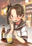  alcohol ayanami_(kantai_collection) bar beer beer_bottle beer_mug blurry blurry_background blush brown_eyes brown_hair coaster commentary_request hair_ribbon hand_over_face hoegaarden indoors kantai_collection matsutani open_mouth product_placement ribbon school_uniform serafuku side_ponytail single_horizontal_stripe smile solo 