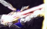  black_background bow_(weapon) glowing glowing_weapon head_wings naru_(sandanme) no_humans rahxephon rahxephon_(mecha) sky star_(sky) starry_sky super_robot_wars super_robot_wars_mx upper_body weapon wings 