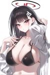 1girl bikini bikini_top_only black_hair blue_archive blunt_bangs blush breasts bright_pupils cleavage hair_ornament hairclip halo highres large_breasts long_hair long_sleeves looking_at_viewer navel raki_kr red_eyes rio_(blue_archive) solo swimsuit upper_body very_long_hair 