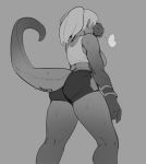 1_eye 5_fingers areen_(anaid) armwear big_tail butt clothed clothing cyclops exercise eyes_closed female fully_clothed grey_background greyscale hair humanoid long_tail low-angle_view monochrome monster_girl_(genre) multicolored_skin not_furry rear_view sighing simple_background solo sweat tailclops triuni two_tone_skin 
