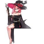  1girl absurdres barefoot black_dress black_hat breasts dress glasses hat highres holding holding_staff hololive hololive_english invisible_chair jadea5124 large_breasts long_hair looking_at_viewer mama_mori mature_female pink_hair red_eyes sitting skull_staff staff virtual_youtuber witch_hat 