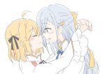  2girls ahoge anisphia_wynn_palettia arms_around_neck black_ribbon blonde_hair blue_bow blue_bowtie blush bow bowtie closed_eyes closed_mouth commentary_request euphyllia_magenta grey_hair hair_ribbon hug jacket long_hair long_sleeves medium_hair multiple_girls nick150iso parted_lips purple_eyes ribbon simple_background smile tensei_oujo_to_tensai_reijou_no_mahou_kakumei white_background white_jacket yellow_ribbon yuri 