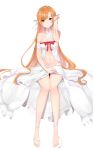  absurdres asuna_(sao) bangs bare_legs barefoot blonde_hair blush braid breasts brown_eyes chu_(huaha1320) commentary dress eyebrows_visible_through_hair half_updo hand_up highres long_hair looking_at_viewer medium_breasts navel parted_lips pointy_ears simple_background sitting solo sword_art_online titania_(sao) very_long_hair white_background white_dress 