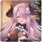  1girl black_gloves christmas draph dress fur-trimmed_dress fur-trimmed_sleeves fur_trim gloves granblue_fantasy hair_ornament hair_over_one_eye holly holly_hair_ornament horns huanghyy leotard long_hair narmaya_(granblue_fantasy) narmaya_(holiday)_(granblue_fantasy) official_alternate_costume pointy_ears purple_hair santa_dress see-through see-through_leotard snowman_hair_ornament solo 