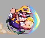  1boy artist_name big_nose dreaminerryday facial_hair gloves green_footwear grey_background grin hat muscular muscular_male mustache overalls pointy_ears purple_overalls shirt simple_background smile thick_eyebrows wario wario_land white_gloves yellow_hat yellow_shirt 