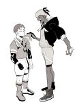  2boys ankle_socks beanie closed_eyes collared_shirt commentary dark-skinned_male dark_skin facing_another full_body gloves greyscale hand_up hat height_difference highres holding holding_phone hood hood_down hoodie kabu_(pokemon) light-skinned_palms monochrome multicolored_hair multiple_boys open_mouth phone pokemon pokemon_swsh puffy_sleeves raihan_(pokemon) robodumpling rotom rotom_phone shirt shoes short_hair short_sleeves shorts simple_background single_glove socks standing streaked_hair symbol-only_commentary towel towel_around_neck undercut very_short_hair white_background 