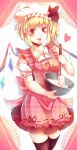  1girl apron black_thighhighs blonde_hair cowboy_shot crystal_wings flandre_scarlet frilled_apron frills hat heart highres kanzakietc looking_at_viewer mob_cap open_mouth red_eyes red_ribbon ribbon solo thighhighs touhou yellow_ribbon zettai_ryouiki 