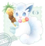  :d alolan_exeggutor alolan_form alolan_vulpix blue_eyes blush fang flower flower_necklace food full_body gen_7_pokemon heart holding holding_food ice_cream ice_cream_cone jewelry looking_at_viewer lowres necklace no_humans open_mouth pokemon pokemon_(creature) postmark smile sparkle ten'on_(amane09) 