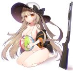  ball bangs bare_legs bare_shoulders barefoot beachball bikini black_bow black_jacket blonde_hair bow breast_press breast_tattoo breasts character_name cleavage collarbone commission eyebrows_visible_through_hair eyelashes full_body girls_frontline gun hat hat_bow highres holding holding_ball ia_(ias1010) ithaca_m37 ithaca_m37_(girls_frontline) jacket large_breasts long_hair long_sleeves looking_at_viewer navel off_shoulder open_clothes open_jacket orange_eyes seiza shotgun simple_background sitting solo stomach string_bikini sun_hat swimsuit tattoo thighs transparent very_long_hair weapon white_background white_bikini white_hat 