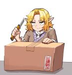  1girl blonde_hair box boxcutter brown_shirt cardboard_box closed_mouth commentary_request constricted_pupils cookie_(touhou) highres holding_boxcutter joker_(cookie) looking_down masking_tape medium_bangs medium_hair mizuhashi_parsee odoro_(nicoseiga81184094) parted_bangs pointy_ears scarf shirt smile solo touhou translation_request upper_body white_scarf 
