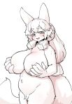  1girl :3 animal_ears animal_nose blunt_ends blush body_fur breasts chest_tuft commentary_request covering_breasts covering_privates cowboy_shot furry giant_ojou-sama hair_between_eyes highres huge_breasts kagarimachi_konatsu long_hair looking_at_viewer navel open_mouth plump ringed_eyes simple_background solo sumire_(giant_ojou-sama) sweat tail thick_eyebrows thick_thighs thighs white_background 