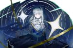  1girl arknights astesia_(arknights) blue_hair blue_skirt celestial_globe closed_eyes constellation floating frilled_shirt frilled_skirt frills highres long_hair long_sleeves no_mouth orbited qianovo36297 ribbon shirt skirt sky solo star_(sky) star_(symbol) star_trail starry_sky white_shirt 