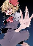  1girl ascot black_skirt black_vest blonde_hair fang fangs highres looking_at_viewer medium_hair open_mouth red_ascot red_eyes rumia shirt skirt solo touhou vest white_shirt yoruuta 