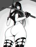  1girl artist_name ass back_cover brassica breasts cover dual_wielding eyelashes flower from_behind gloves greyscale hair_flower hair_ornament hairband highres holding holding_sword holding_weapon katana leotard lips long_hair looking_back monochrome photo-referenced rose skindentation solo spy_x_family sword thighhighs weapon yor_briar 