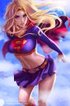  belt blonde_hair blue_eyes breasts cape commentary crop_top dc_comics highres large_breasts long_hair looking_at_viewer medium_breasts midriff miniskirt navel olga_narhova red_cape skirt solo supergirl watermark web_address 